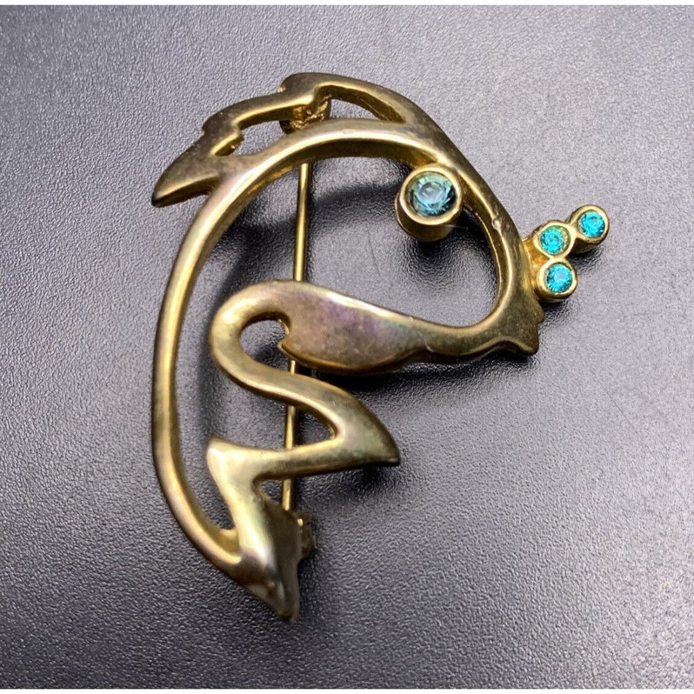 Lianne LIA Fish Brooch Pin Gold Tone Blue Rhinestone Gold Tone Open Work Vintage